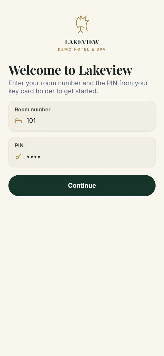 Room check-in screen asking for room number and PIN