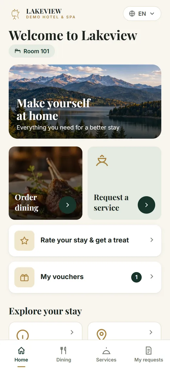 GuestPoint guest app home screen for a demo hotel, showing dining, services, daily spin and vouchers