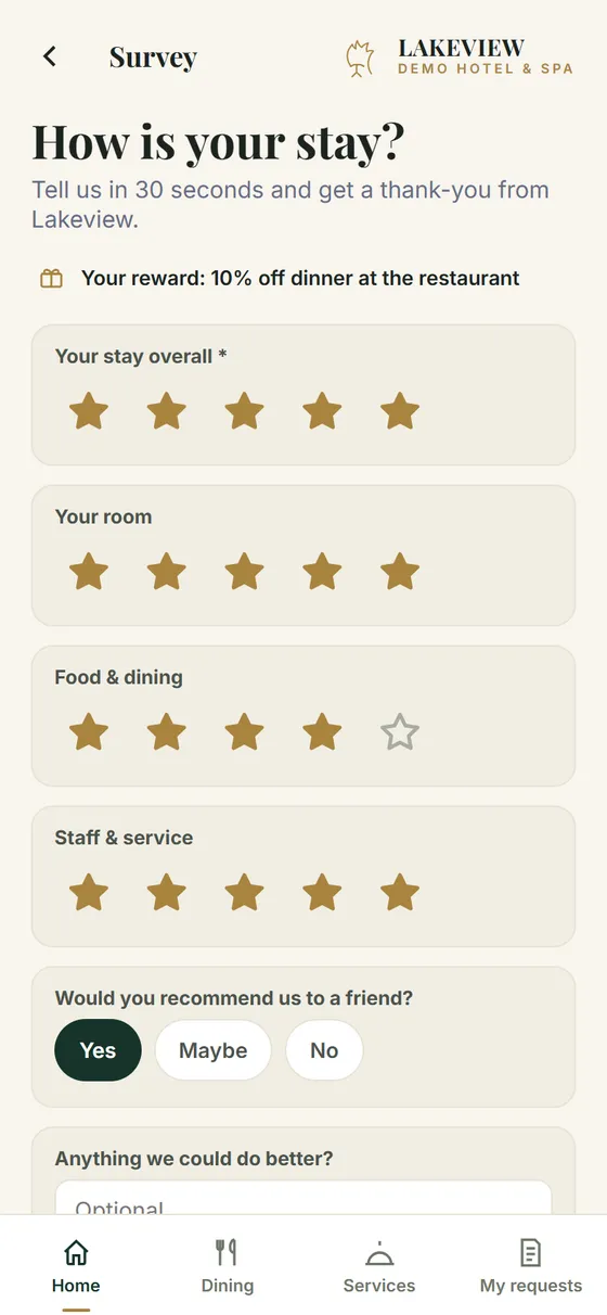 Guest survey with star ratings