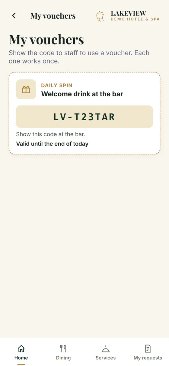 My vouchers screen with a voucher code