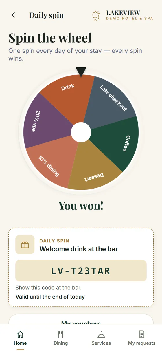 Prize wheel result with a voucher