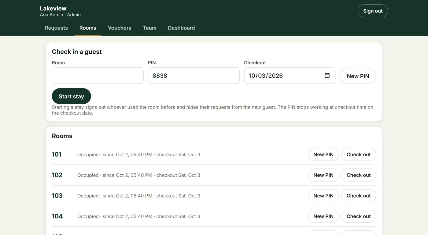 Staff app rooms screen: check in a guest with room, PIN and checkout date